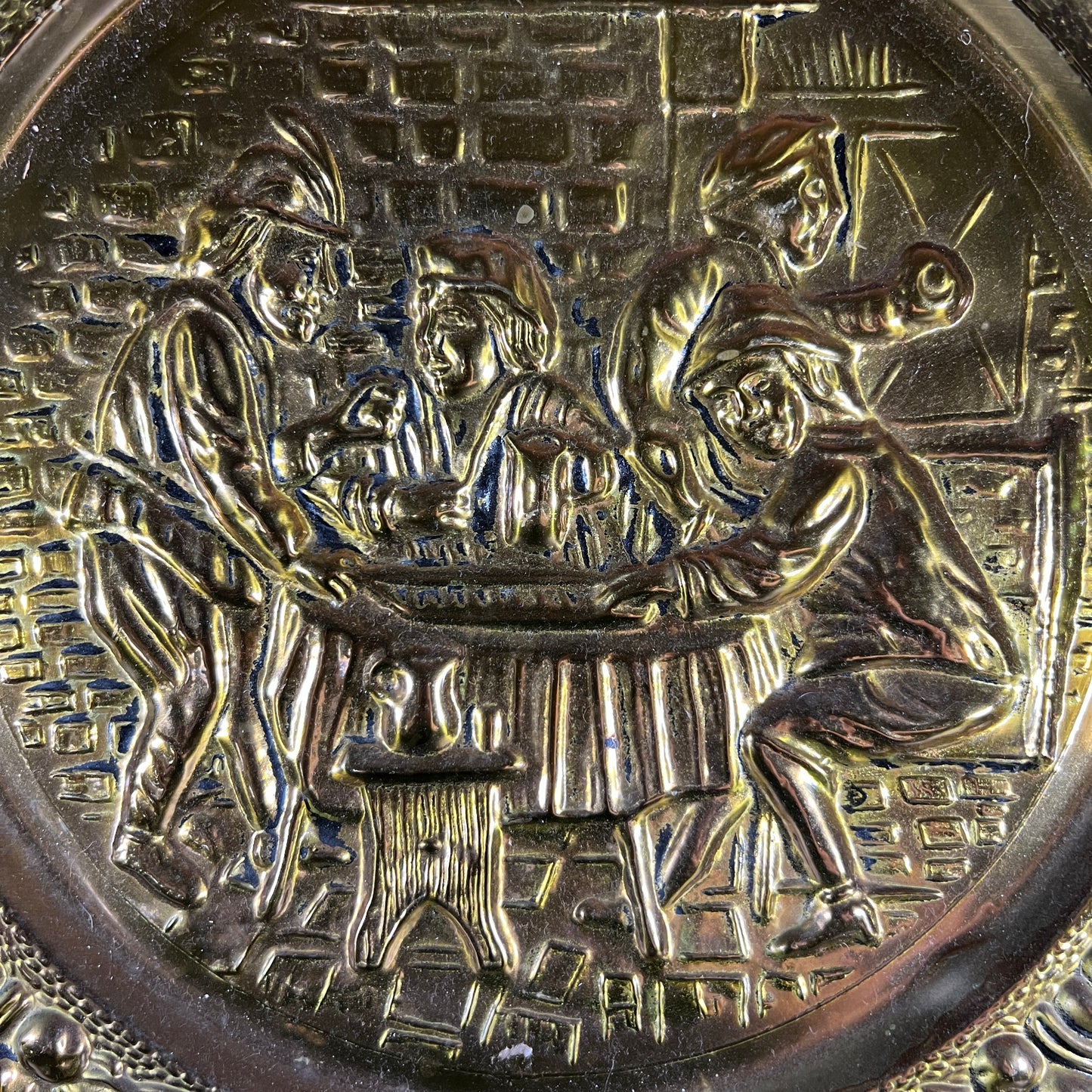 Vintage Embossed Brass Tavern Scene Wall Plates - Set of 2
