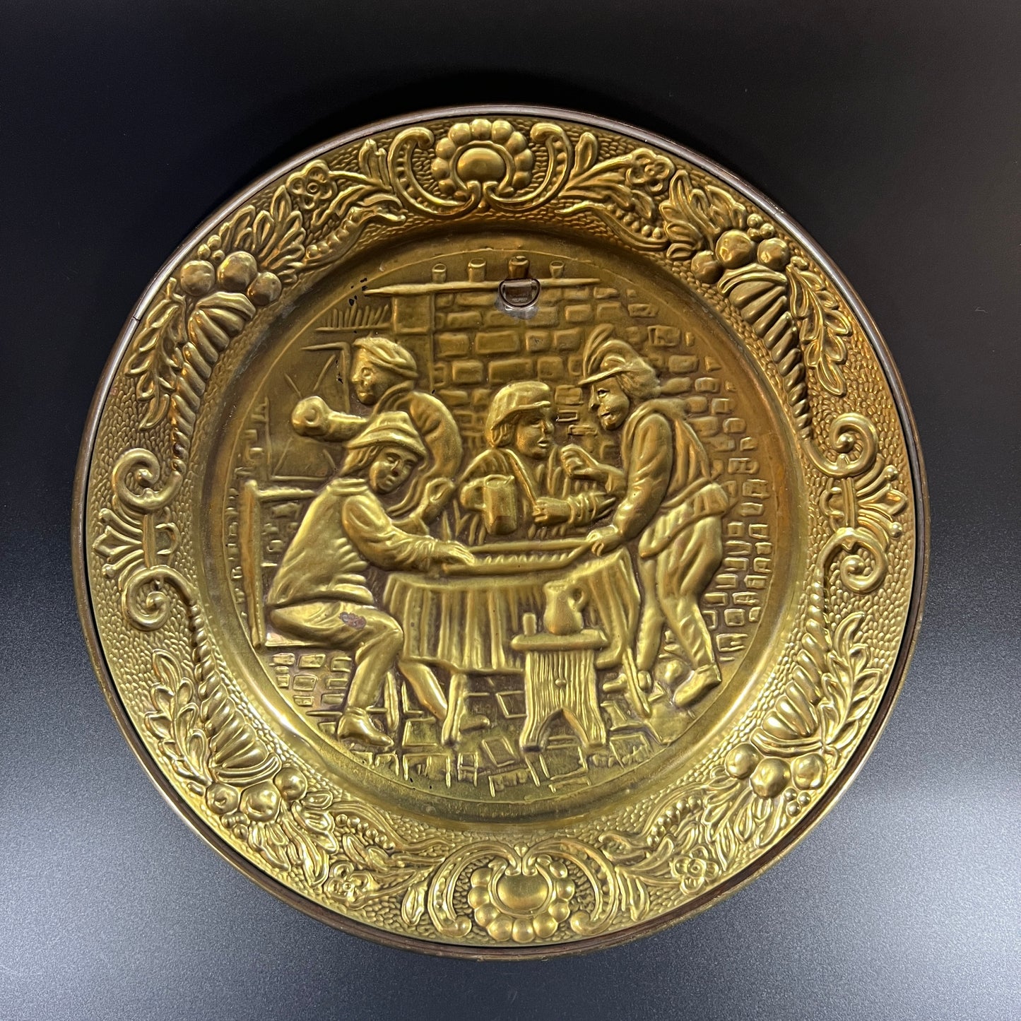 Vintage Embossed Brass Tavern Scene Wall Plates - Set of 2