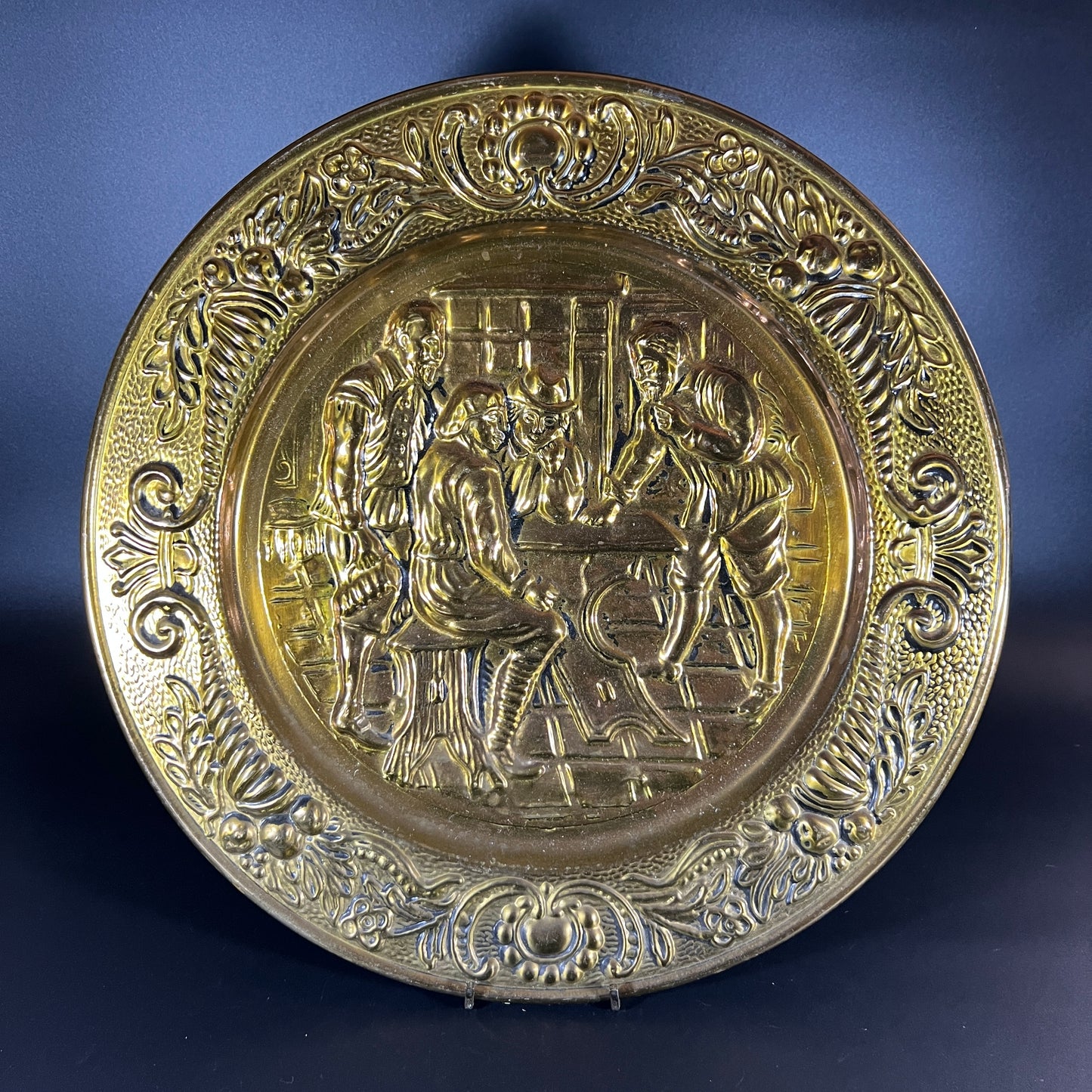 Vintage Embossed Brass Tavern Scene Wall Plates - Set of 2