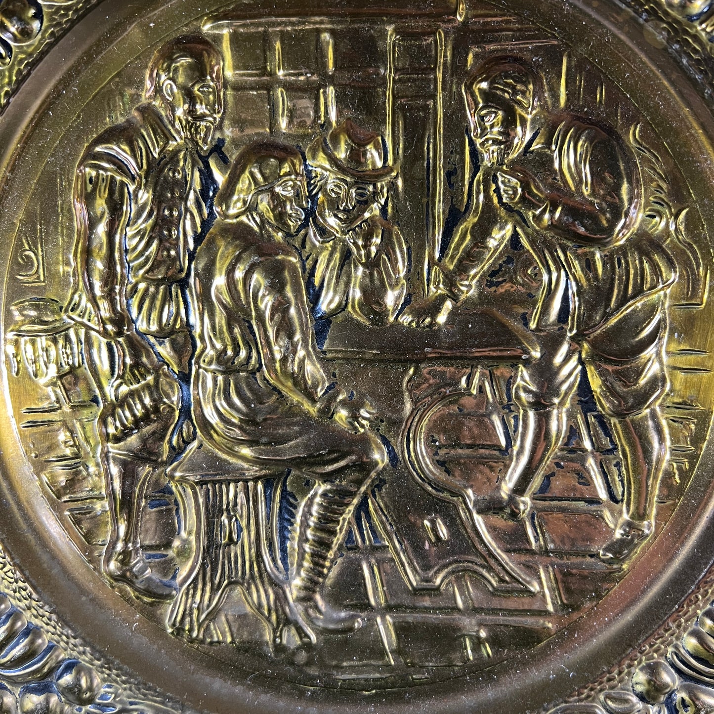 Vintage Embossed Brass Tavern Scene Wall Plates - Set of 2