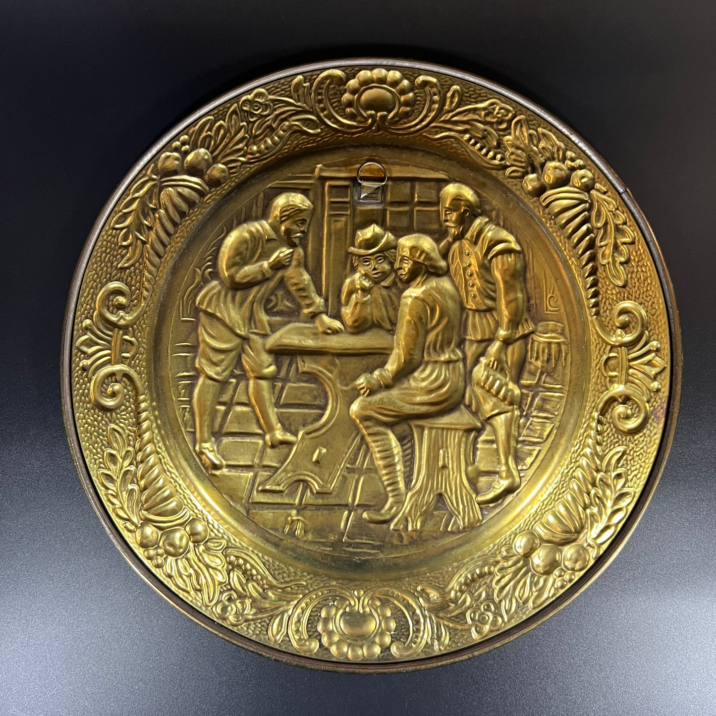 Vintage Embossed Brass Tavern Scene Wall Plates - Set of 2