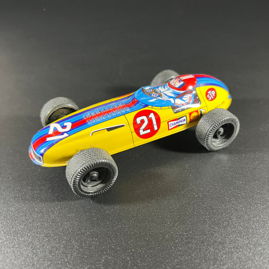 Vintage Tin Friction Yellow Race Car #21