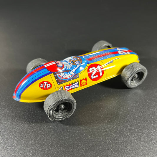 Vintage Tin Friction Yellow Race Car #21