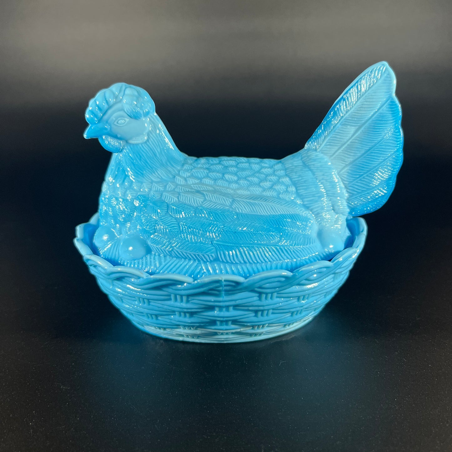 Heisy Blue Slag Glass Hen in a Basket