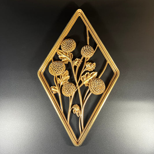 Vintage Diamond-Shaped Gold Syroco Flower Wall Plaque