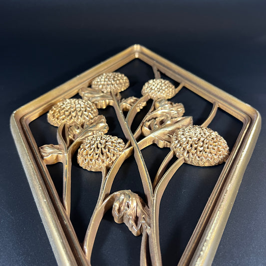 Vintage Diamond-Shaped Gold Syroco Flower Wall Plaque