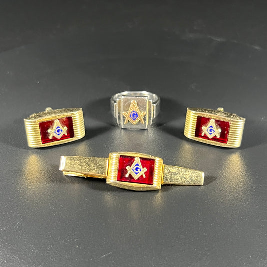 Vintage Masonic Ring, Cufflinks, Tie Clip Set