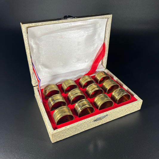 Vintage Brass Napkin Rings Holders In Original Case (set of 12)