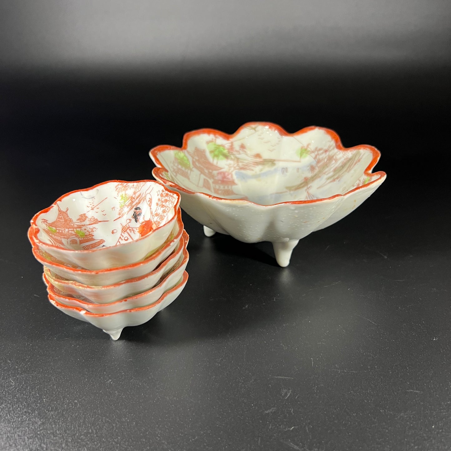 Antique Hand-Painted Japanese Kutani Porcelain Bowl Set