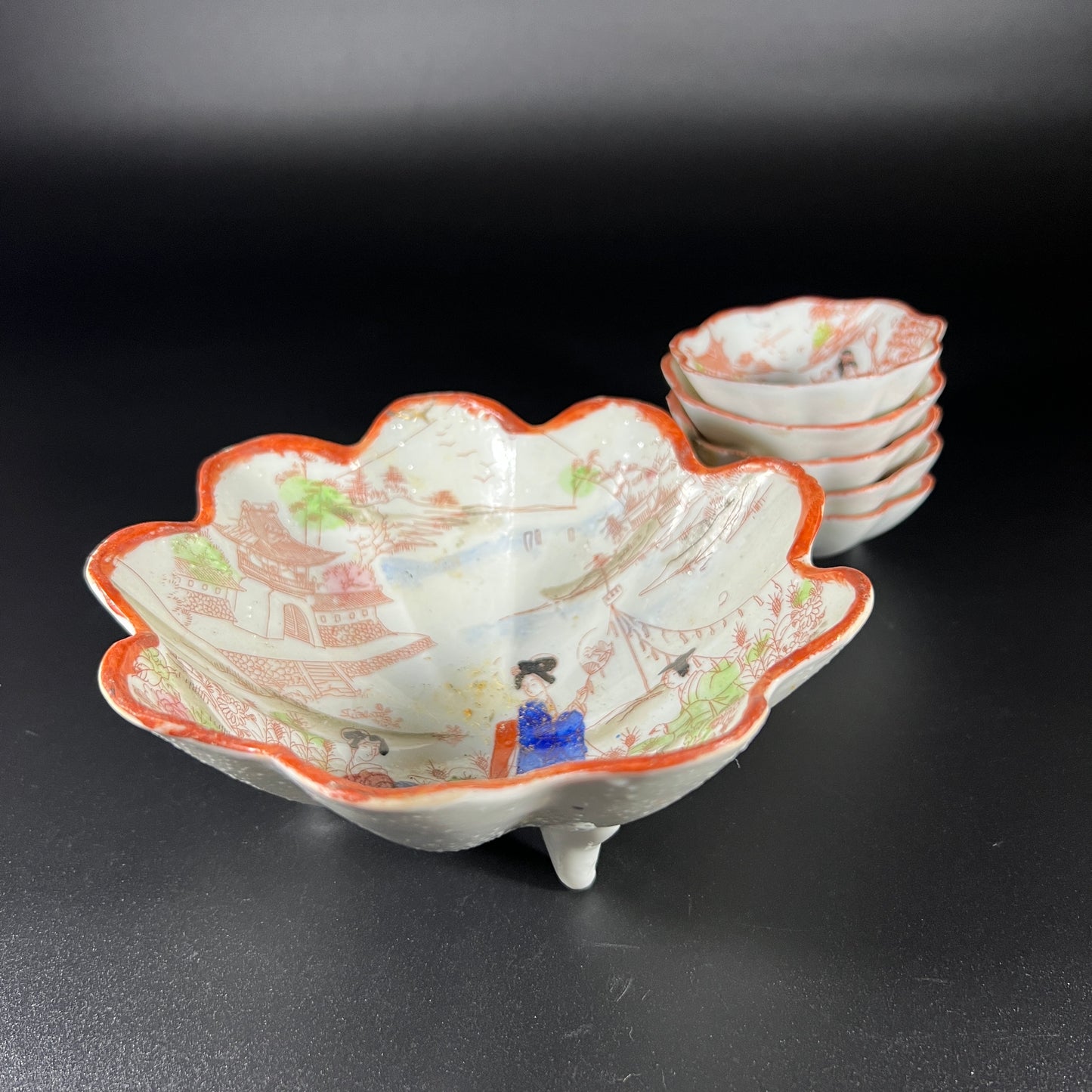 Antique Hand-Painted Japanese Kutani Porcelain Bowl Set
